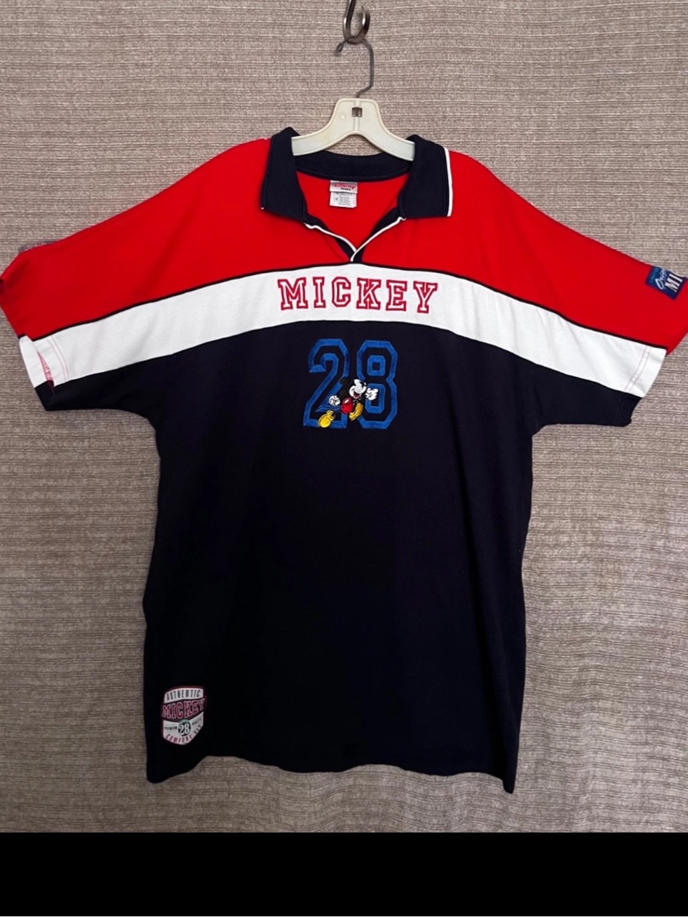 Vintage Disney Men’s Polo Shirt Mickey Mouse #28 Colorblock Red White Blue XL